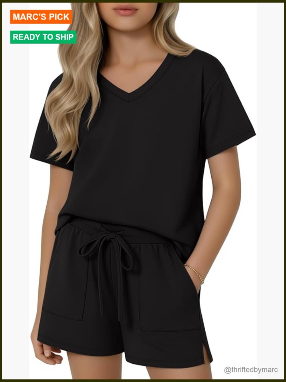 Girls' 2 Piece Summer Outfit V Neck Shirt Drawstring Shorts Set Size 13-14